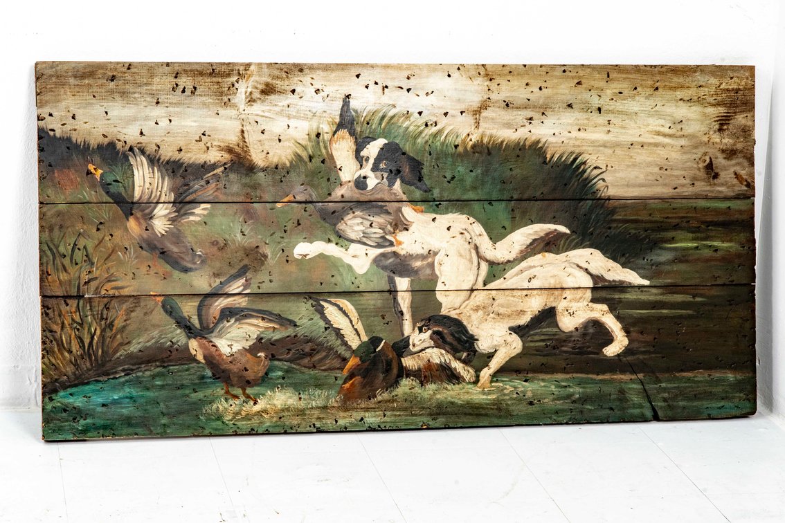 Hand-Painted Wooden Panel Depicting Hunting Scene