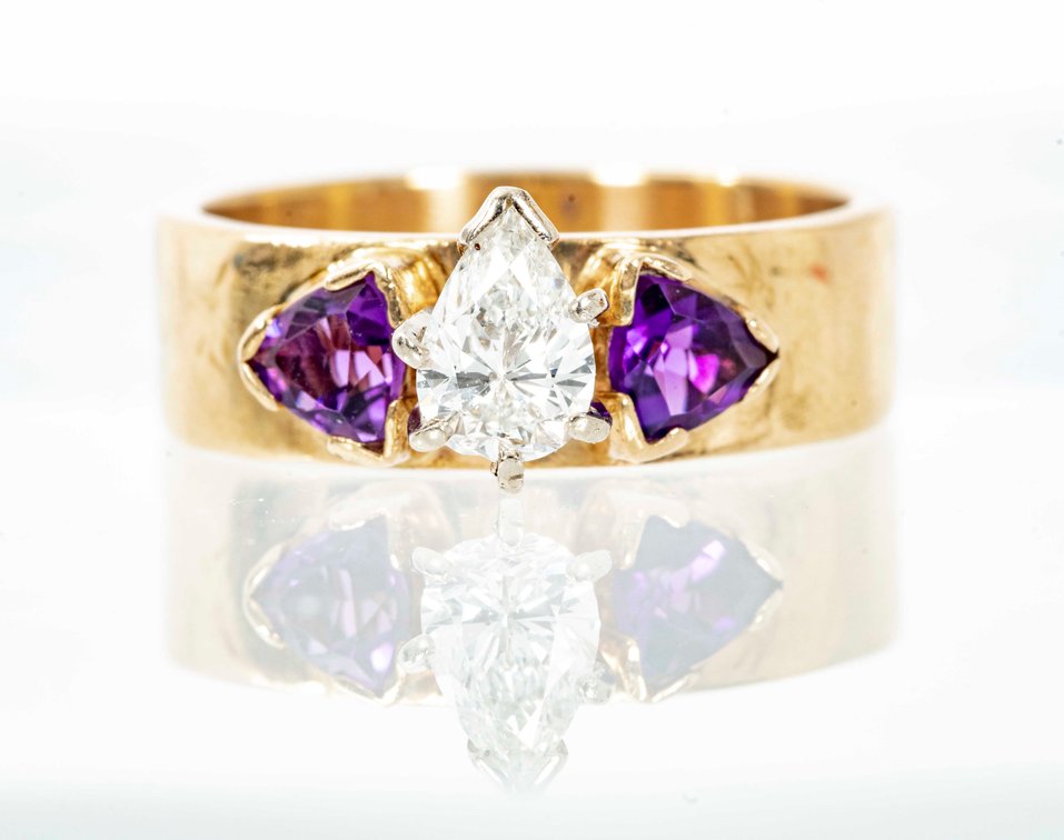 14K Y. Gold Ring w/ Diamond & Amethyst- 6.2 G