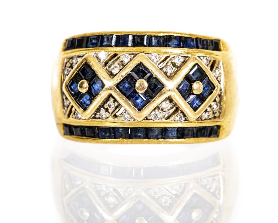 18K Gold Harlequin Sapphire & Diamond Ring- 12.1 G
