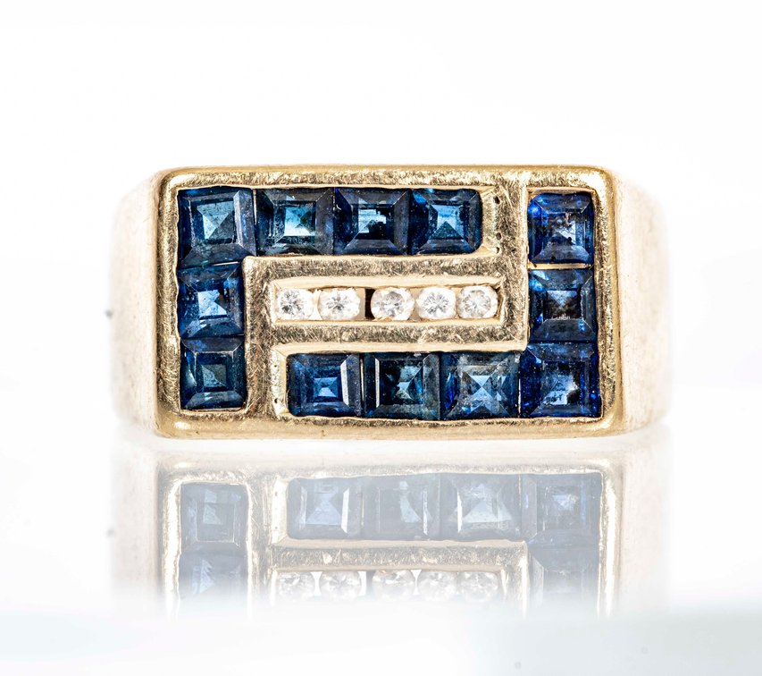 14K Gold- Geometric Sapphire & Diamond Ring- 6.7 G