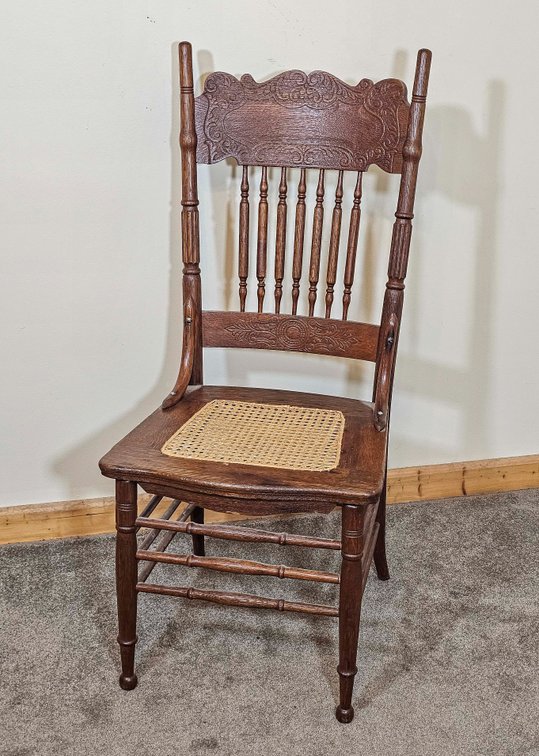 Antique Oak Pressed Back Chair with Cane Seat
