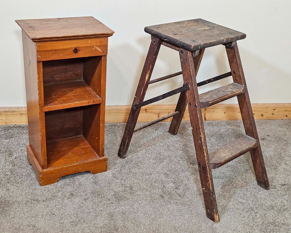 Small Pine Shelf and Antique Wood Step Ladder
