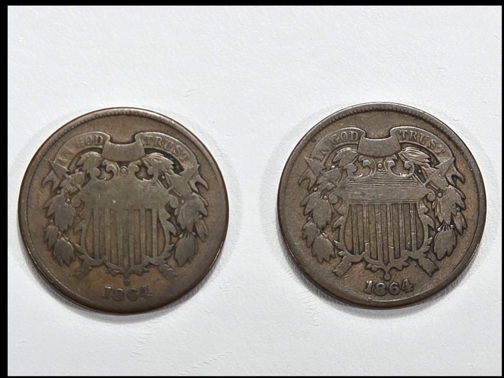 2 1864 Civil War Era 2 cent pieces
