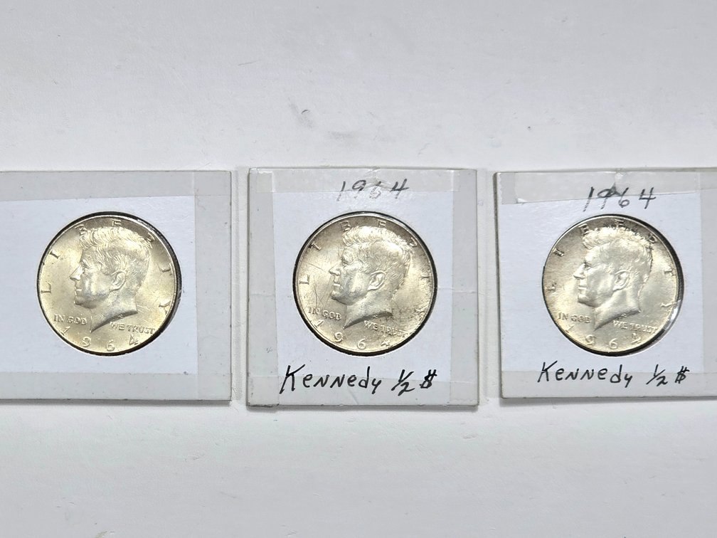 3 1964 90% Silver Kennedy Half Dollars