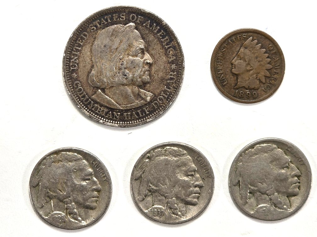 1893 Columbian Exposition half dollar, 1899 Indian Head Penny, 3 Buffalo Nickels