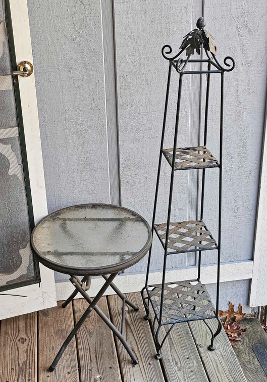 Outdoor Folding Table and Obelisk Shelf