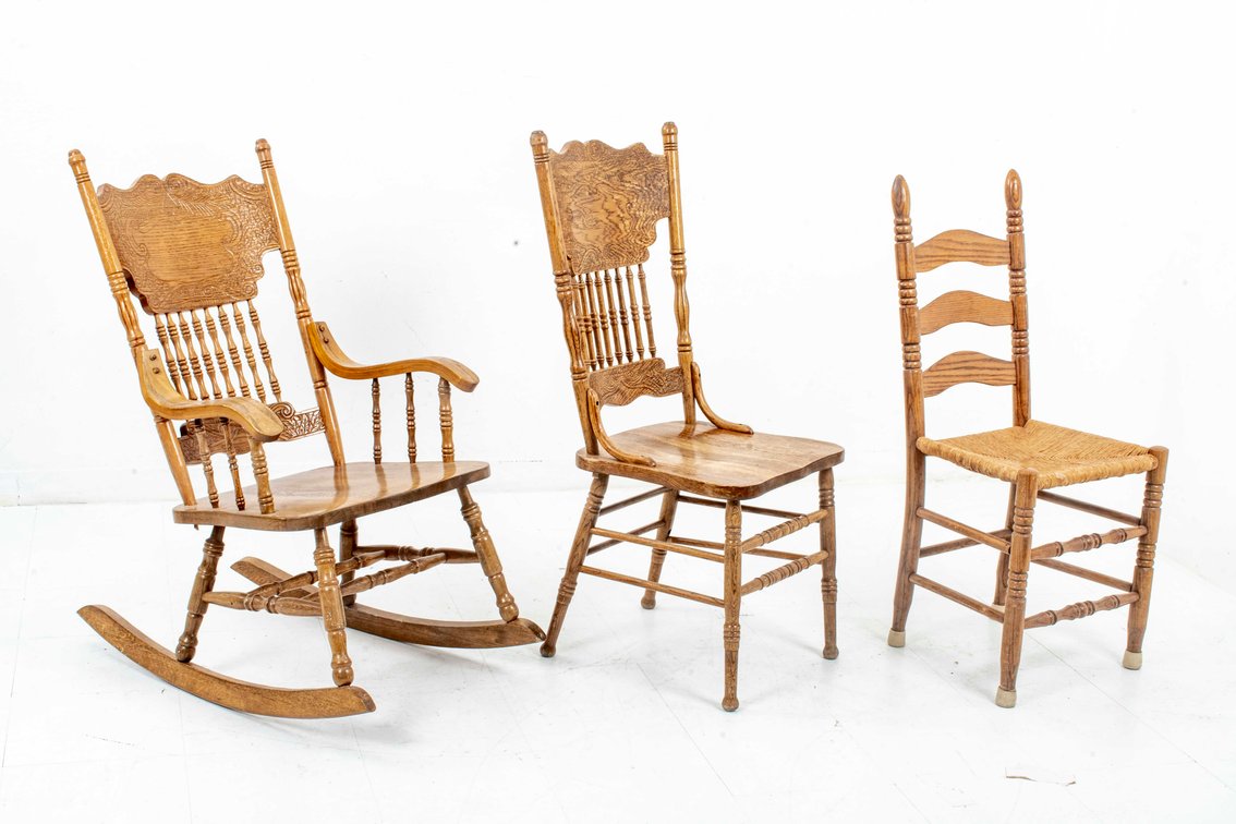 Oak Spindle Rocking Chair & Two Side Chairs