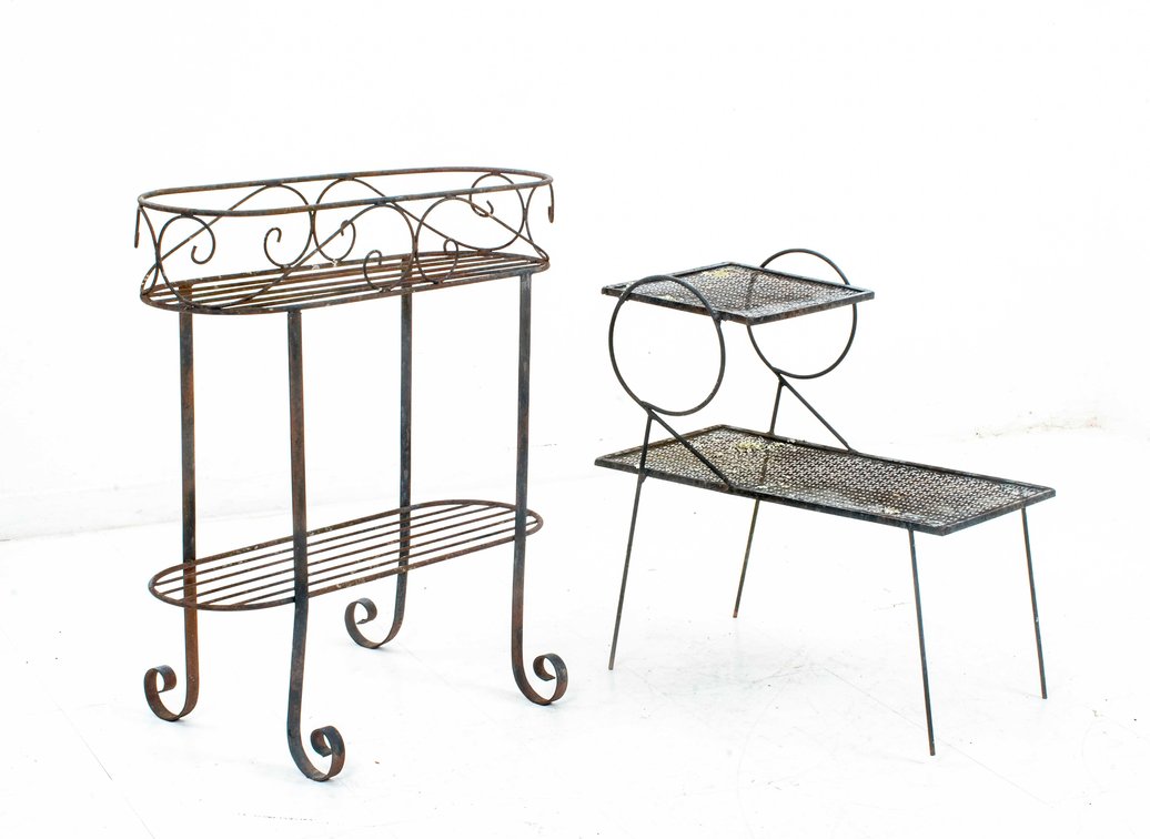 Wrought Iron End Table + Long Oval Iron Planter
