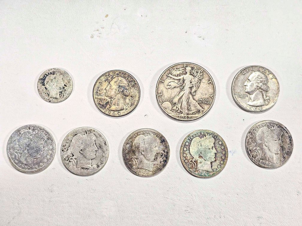 9 Silver Coins: Walking Liberty, Washington Quarte