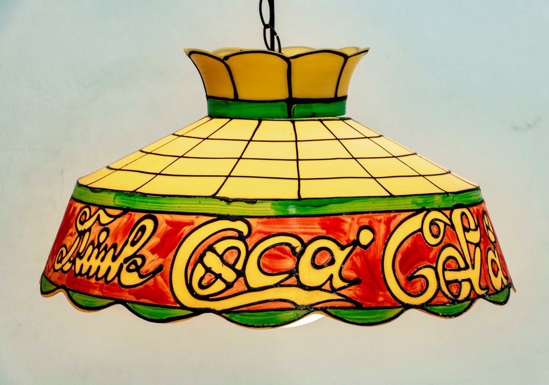 Vintage 70's 21" Faux Stained Glass Coca-Cola Lamp