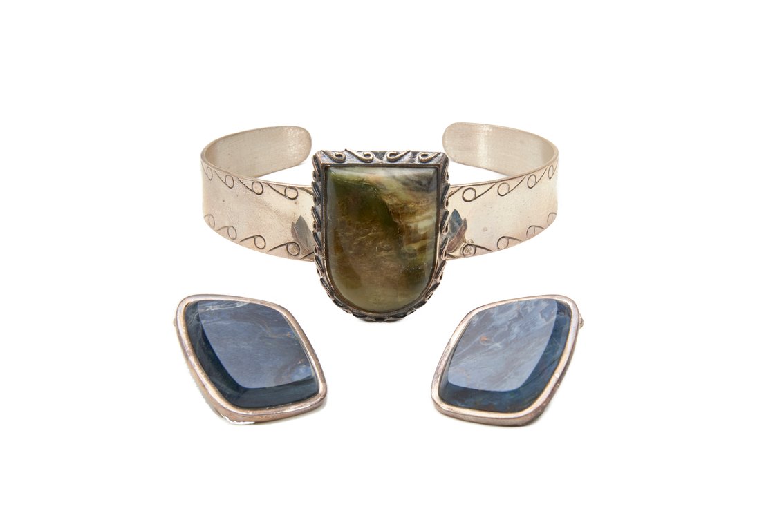 Sterling Silver Cuff Bracelet & Earrings- 42.71 G