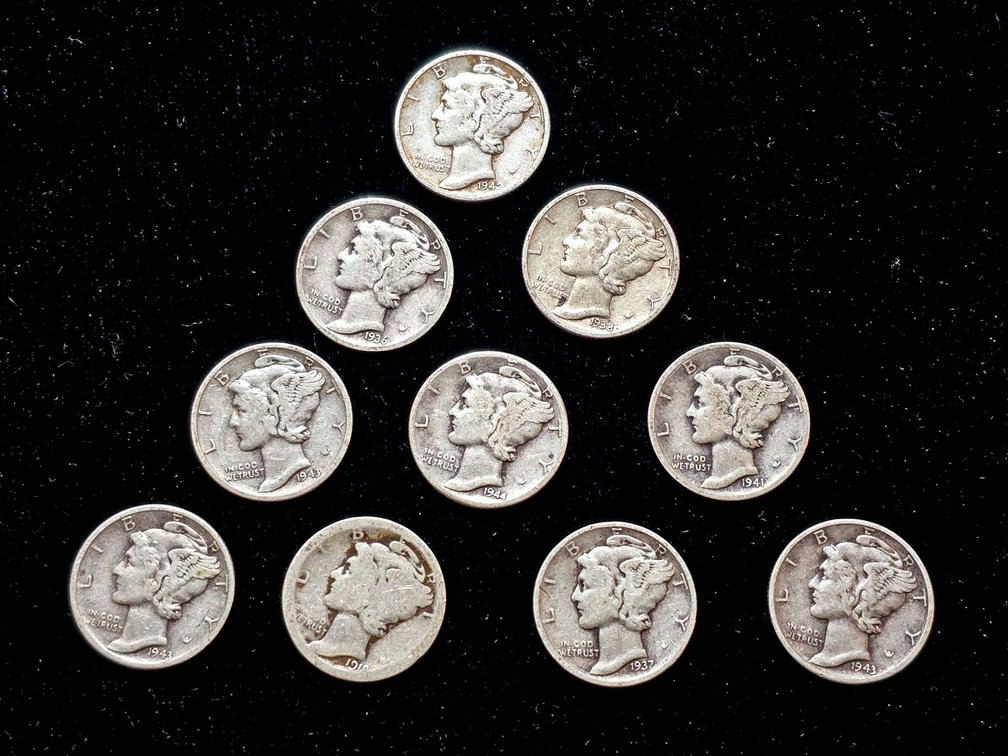 10 Mercury Dimes, United States, 1916-1945