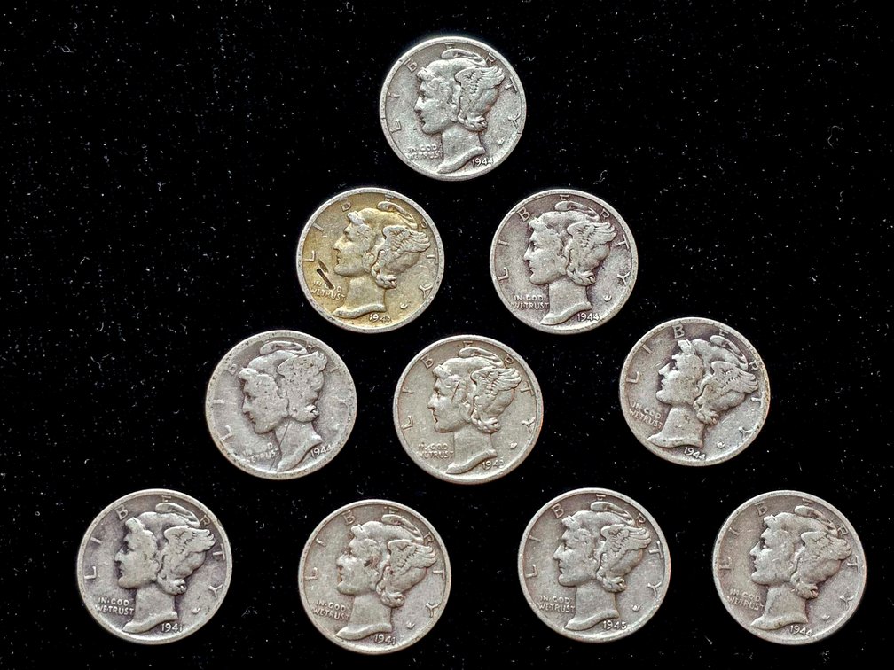 10 Mercury Dimes with Varied Patina