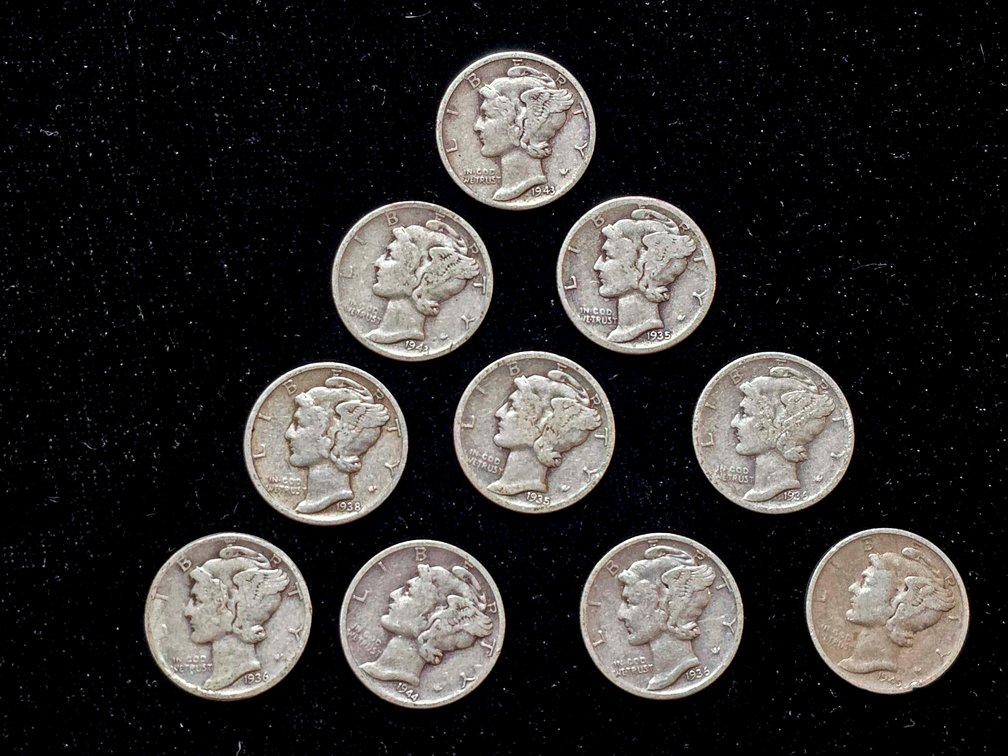 10 Mercury Dimes, United States, 1916–1945