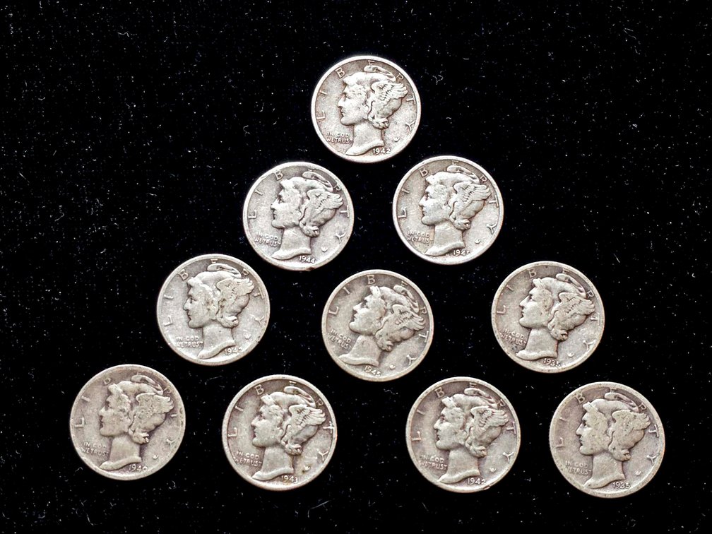 10 Mercury Dimes, United States, 1916-1945