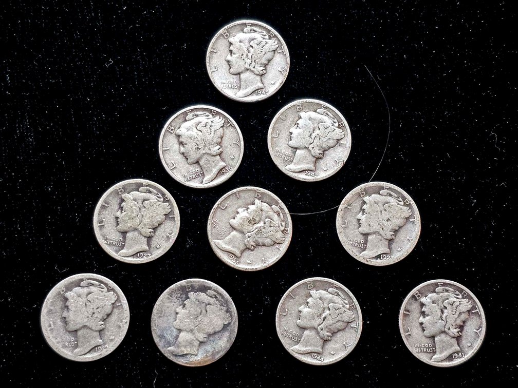 10 Mercury Dimes, 1916–1945 Series, Silver Composition