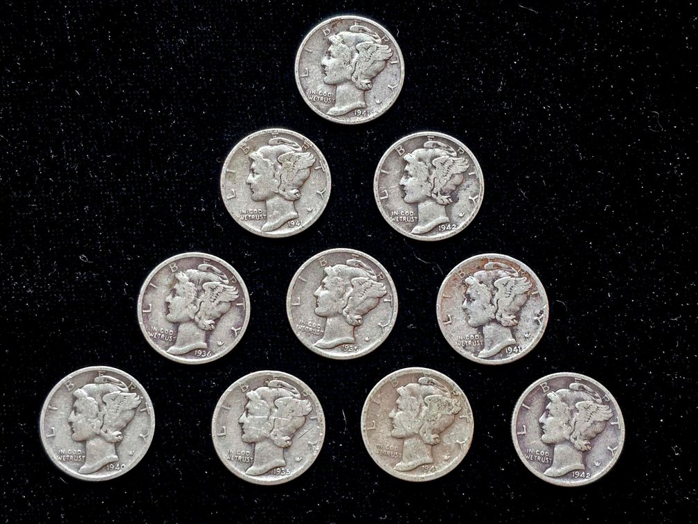 10 United States Mercury Dimes, Silver Composition