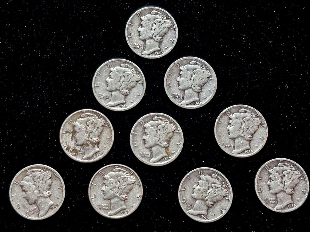 10 U.S. Mercury Dimes, Silver, 1916–1945