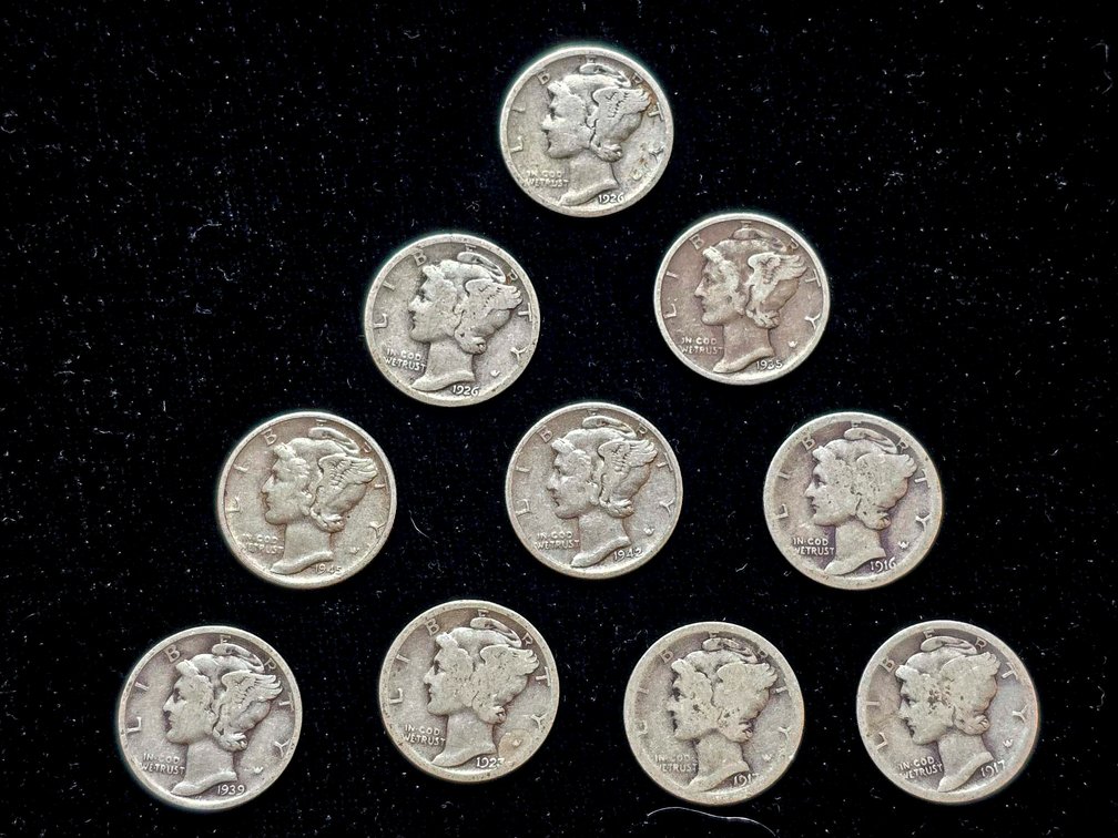 10 Mercury Dimes, 90% Silver, Circa 1916-1945
