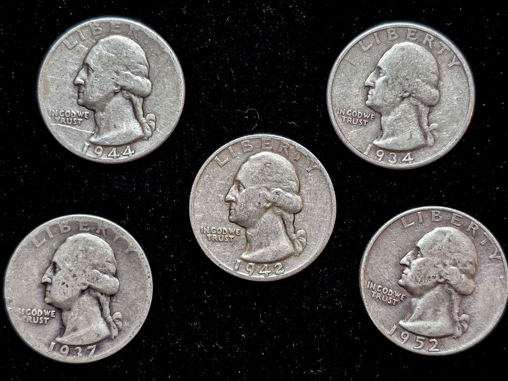 Five 1942-1944 United States Washington Silver Quarters, 90% Silver
