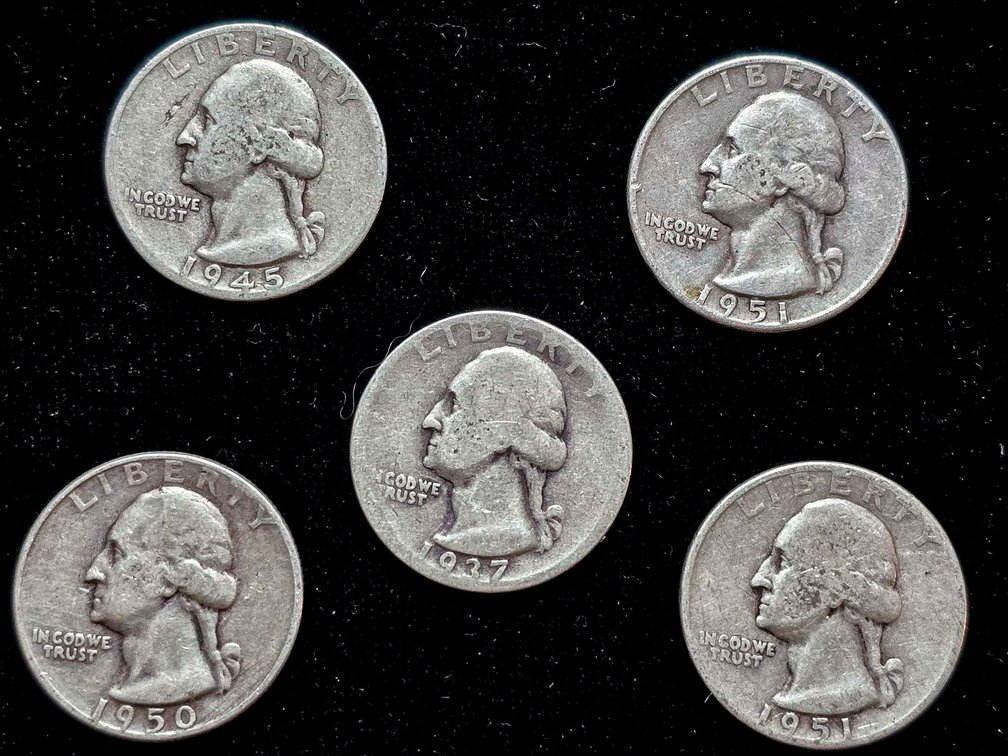 Five 90% Silver U.S. Washington Quarters