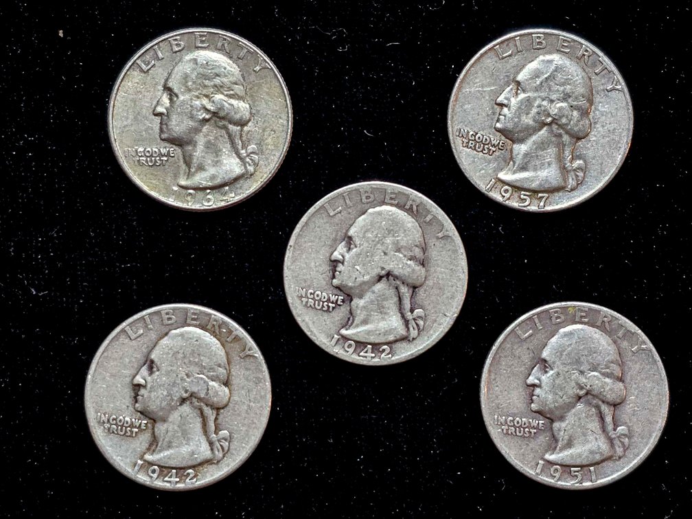 5 Washington Quarters, 90% Silver, 1961-1964