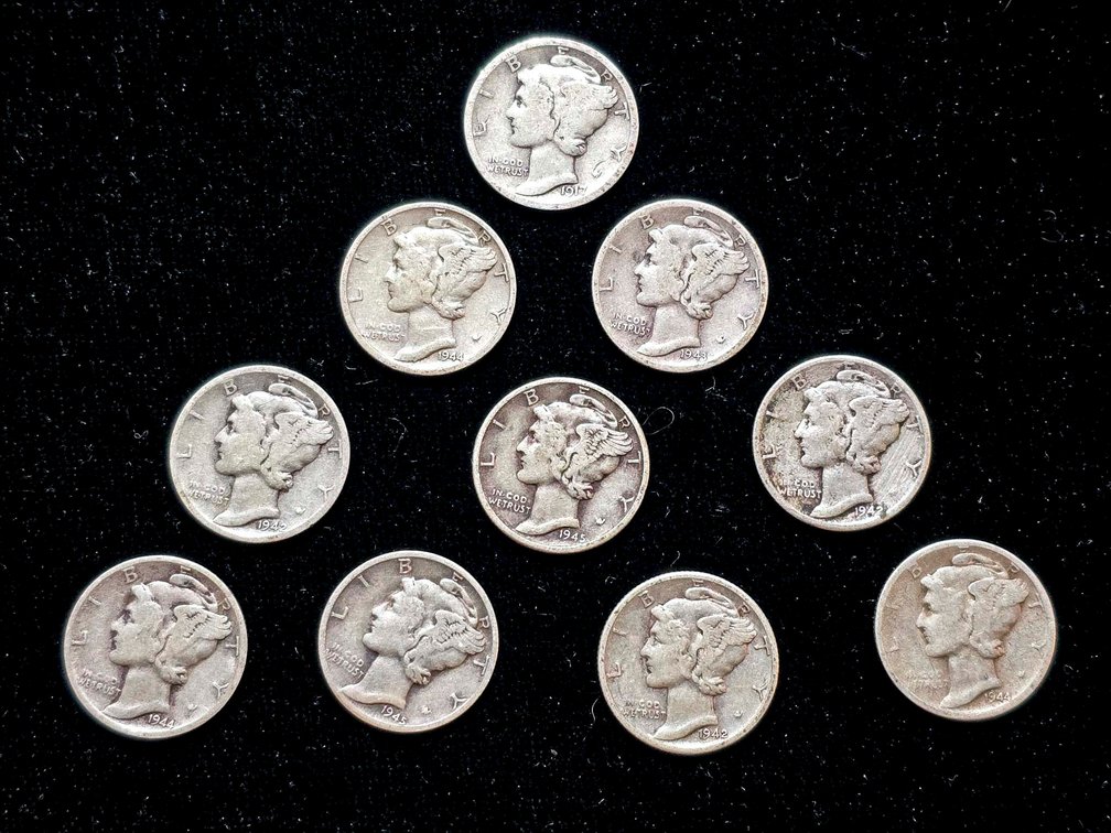 10 U.S. Mercury Dimes, 90% Silver Composition