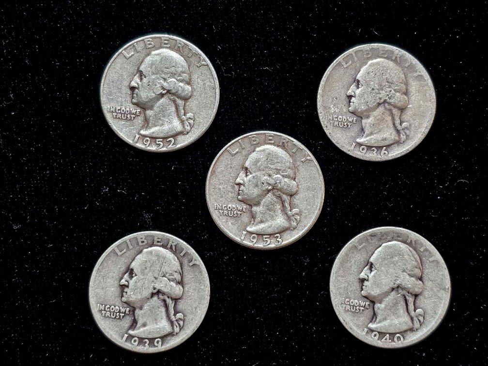 Five 90% Silver U.S. Washington Quarters