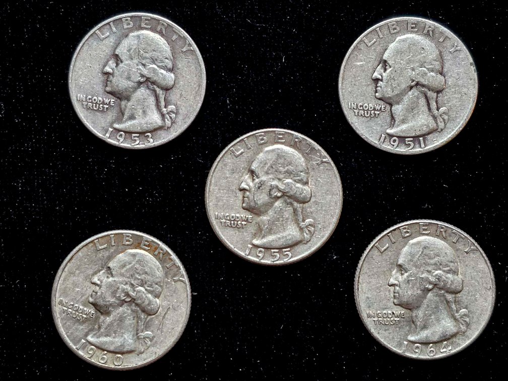 Five 90% Silver U.S. Washington Quarters