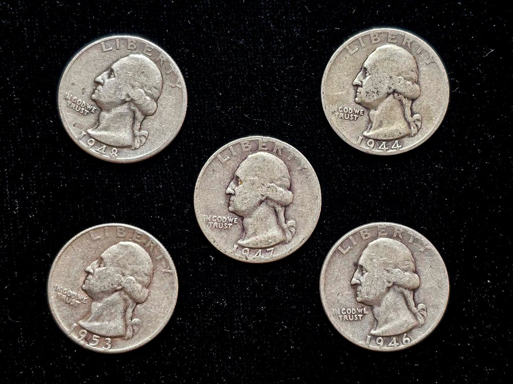 Five United States Washington Quarters, 90% Silver, Various Dates