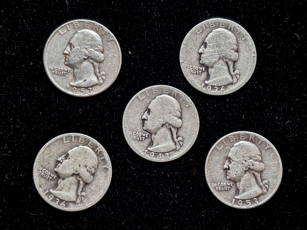 Five 90% Silver Washington Quarters Dated 1964 and Earlier