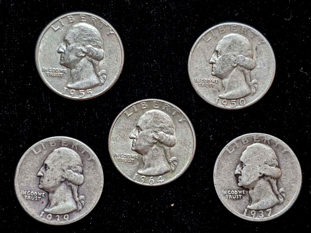 5 U.S. Washington Quarters, 90% Silver, Mixed Dates