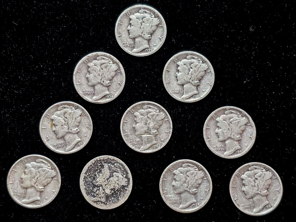 10 United States Mercury Dimes, 90% Silver