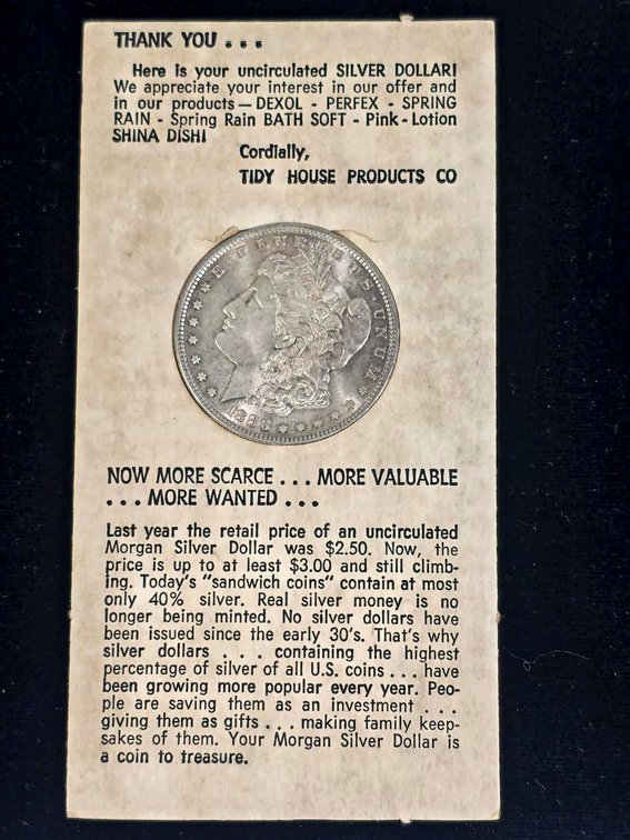 1883 Morgan Silver Dollar in Tidy House Products Co. Promotional Card