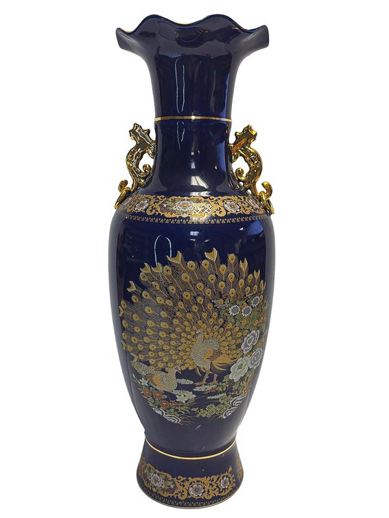 Japanese Blue Cobalt Peacock Porcelain Vase