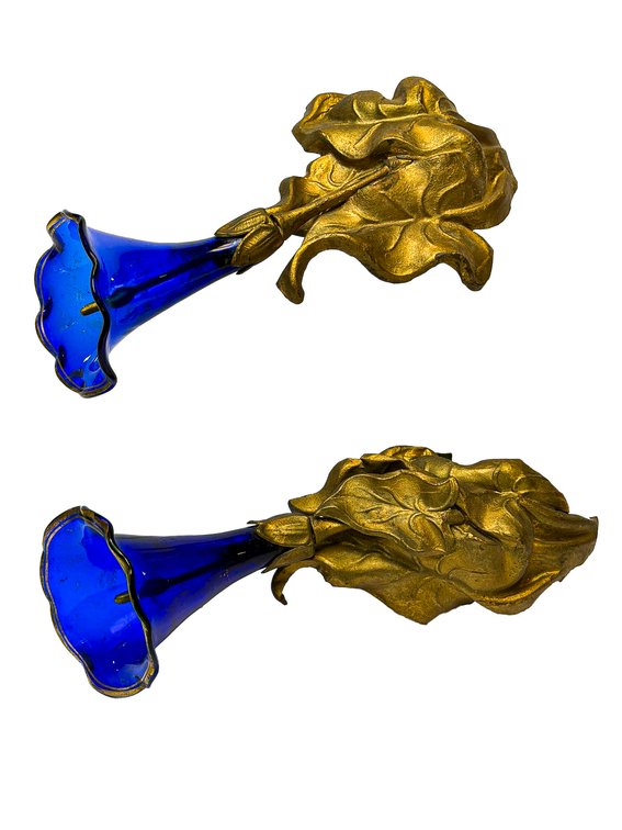 Original Victorian Cobalt Blue Blown Glass and Gilt Metal Curtain Tie Backs