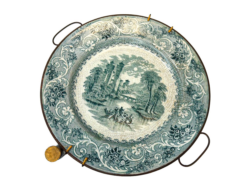 Victorian Warming Plate Base with Rhine Transferware Plate