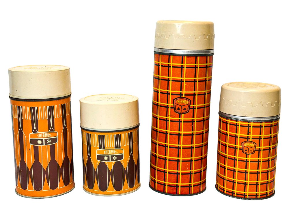 Vintage Thermos Containers with Paddles and Plaid Designs