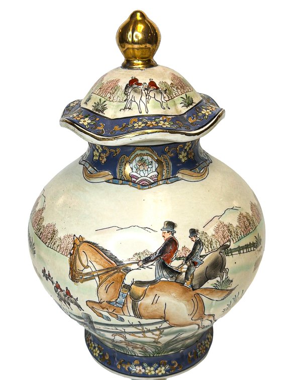 Large Porcelain Ginger Jar w/ Equestrian Hunt Scene