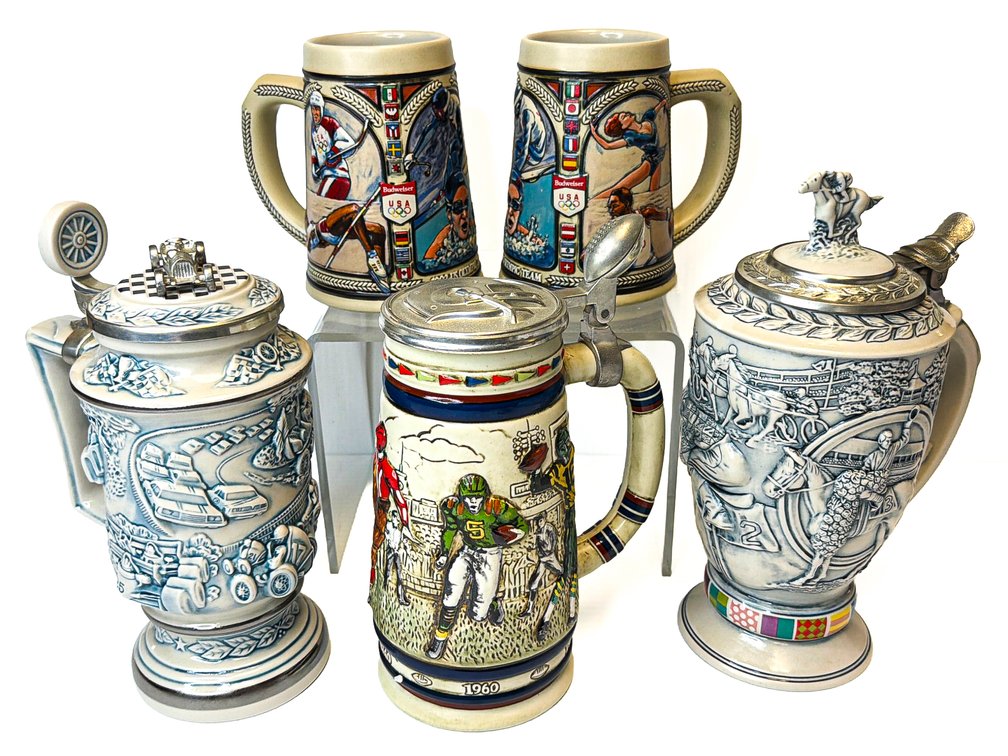 Five Vintage Sports Steins Including Football, Horse Racing, Olympics, and Racing