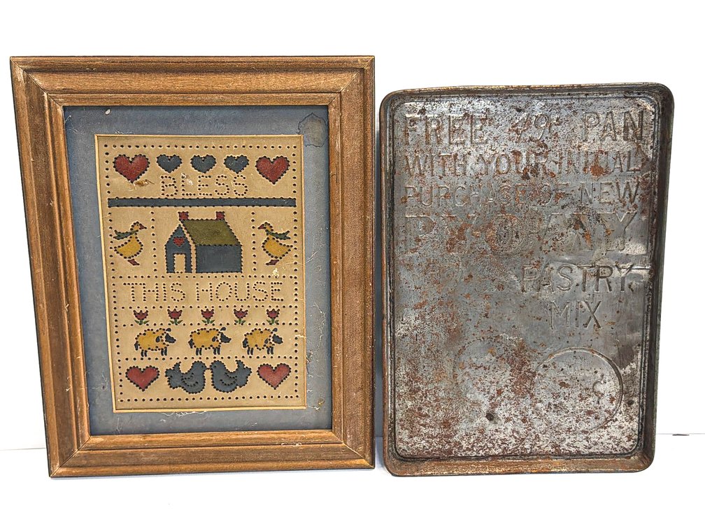 Framed Tin Punch and Py-O-My Embossed Pie Pan