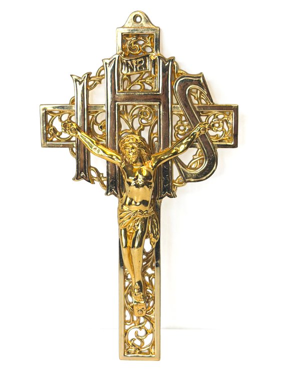 Brass IHS Crucifix with Decorative Cross and INRI Plaque