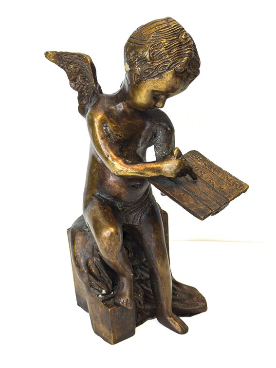 Bronze Cherub Statue With Wings, Reading a Tablet