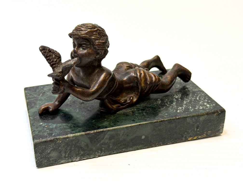 Signed Bronze Boy Holding Dove Sculpture on Marble Base