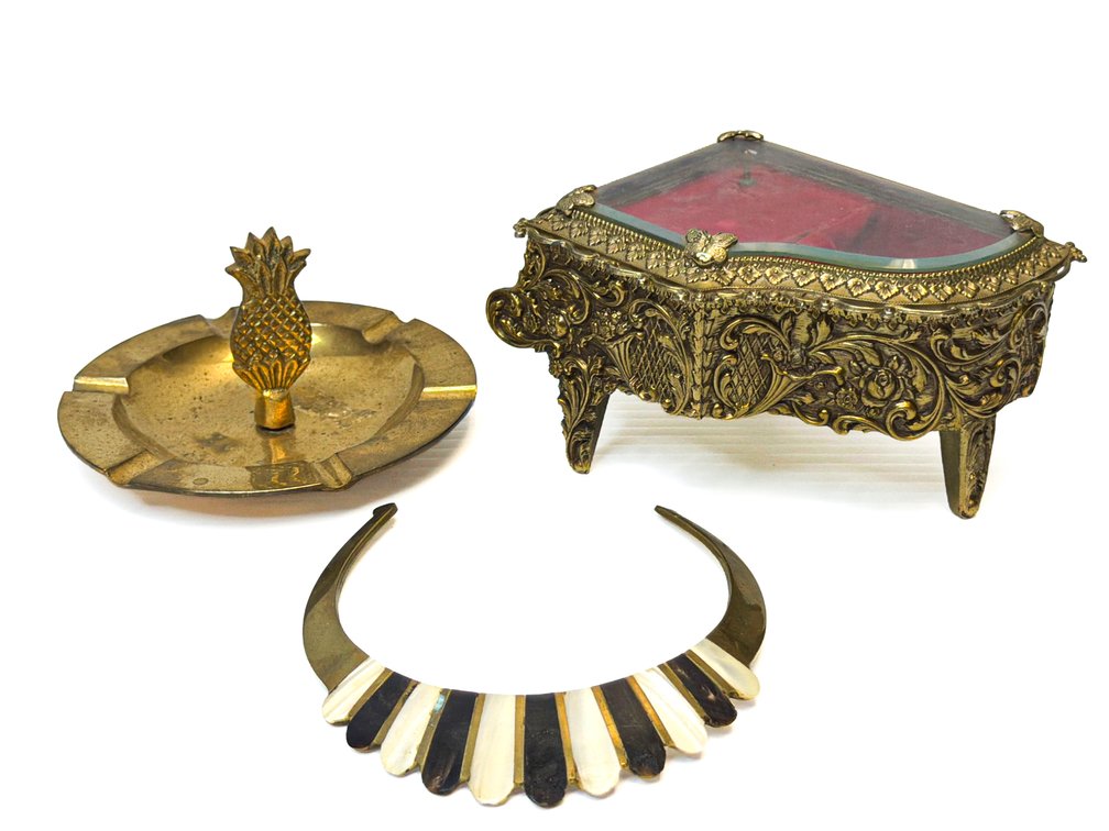 Brass Piano Jewelry Music Box, Pineapple Ashtray, and Mother-of-Pearl Collar Necklace