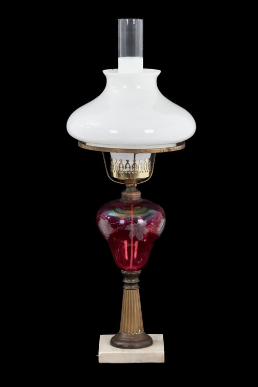 Vtg Table Lamp Cranberry Stem & Milk Glass Shade
