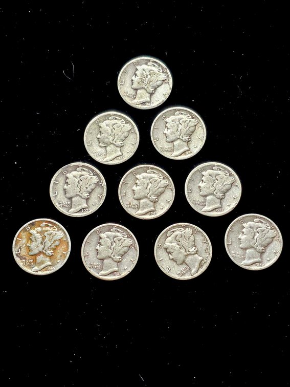 10 US Mercury Silver Dimes, 1916-1945 Series