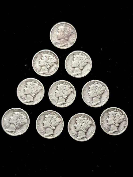10 United States Mercury Dimes, Mixed Dates