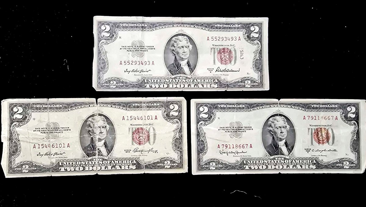 1953 Series Two Dollar United States Red Seal Notes (3 Count)