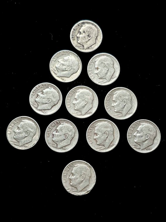 11 Roosevelt Silver Dimes Made of 90 Percent Silver